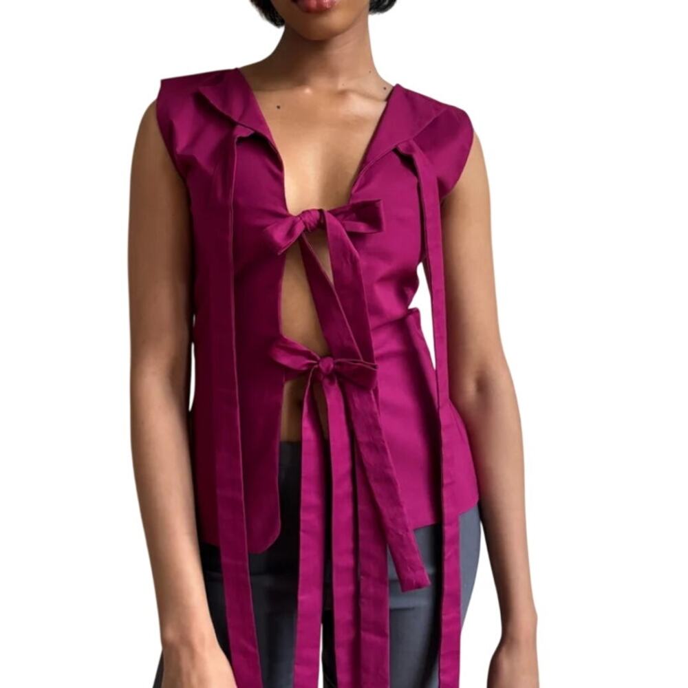 Atelier Tulpe Tie Front Top XL Purple Pink Cotton Sleeveless Blouse Coquette NWT
